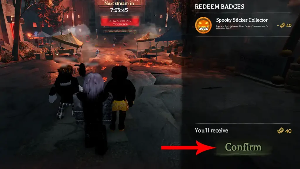 Published gameplay screenshot showing the Redeem Badges panel and Confirm button