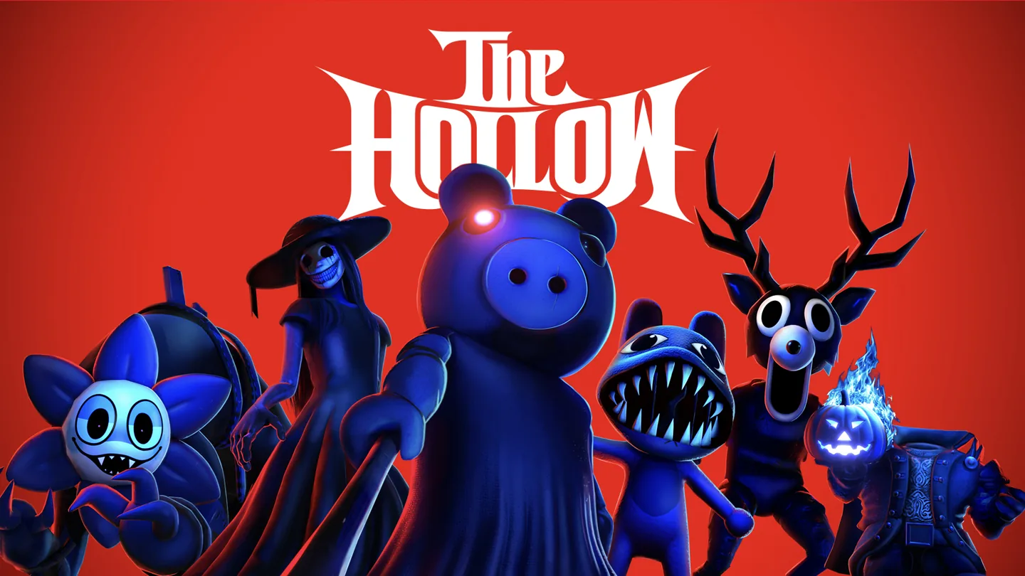 Official The Hollow promotional art showing Roblox horror characters against a red background