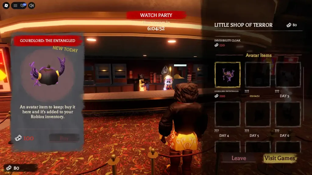 Published gameplay screenshot of Gourdlord in Avatar Items, showing a 100 Ticket price and Buy button